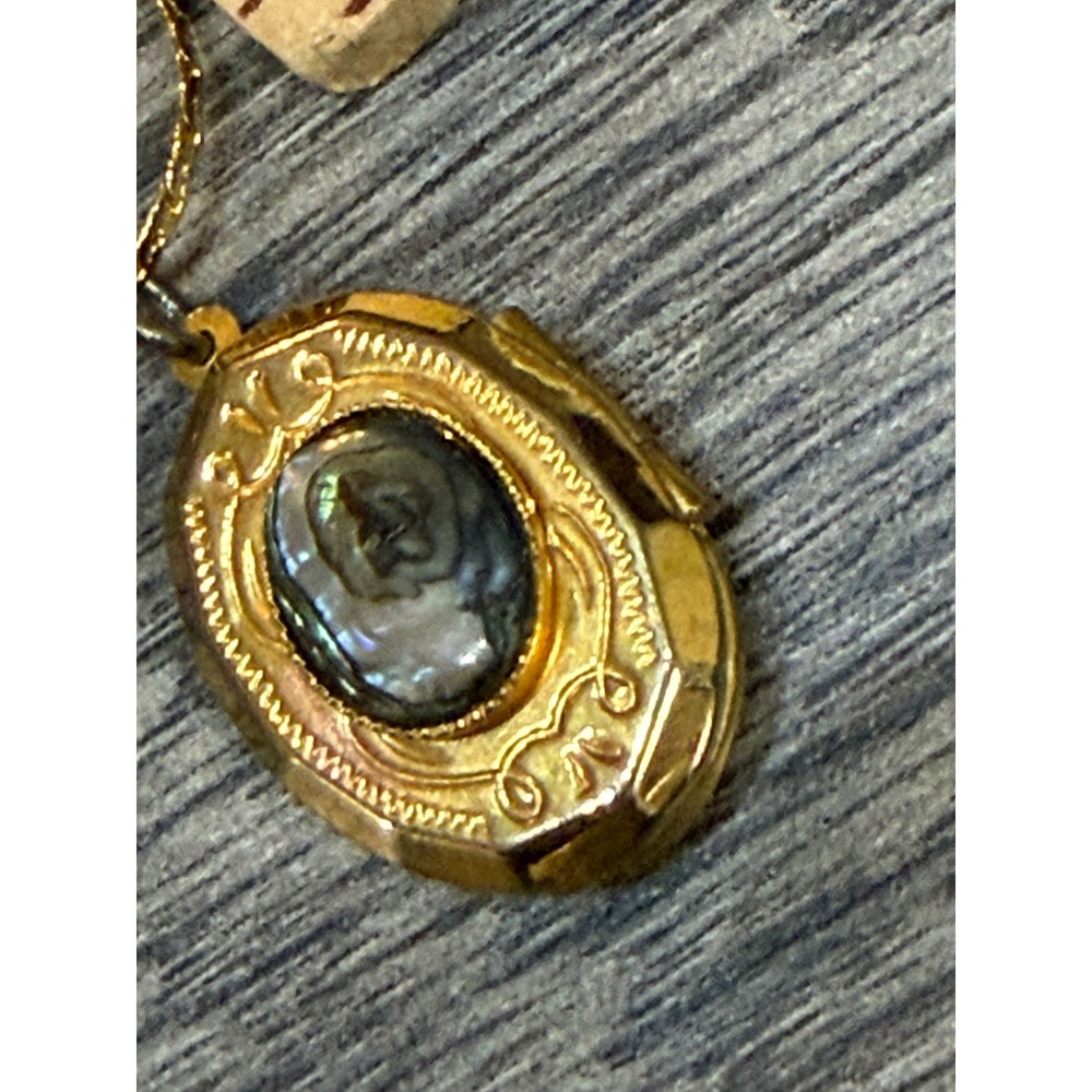 Abalone Locket Necklace 14" Gold Tone Oval Shell Vintage Pendant Photo Holder